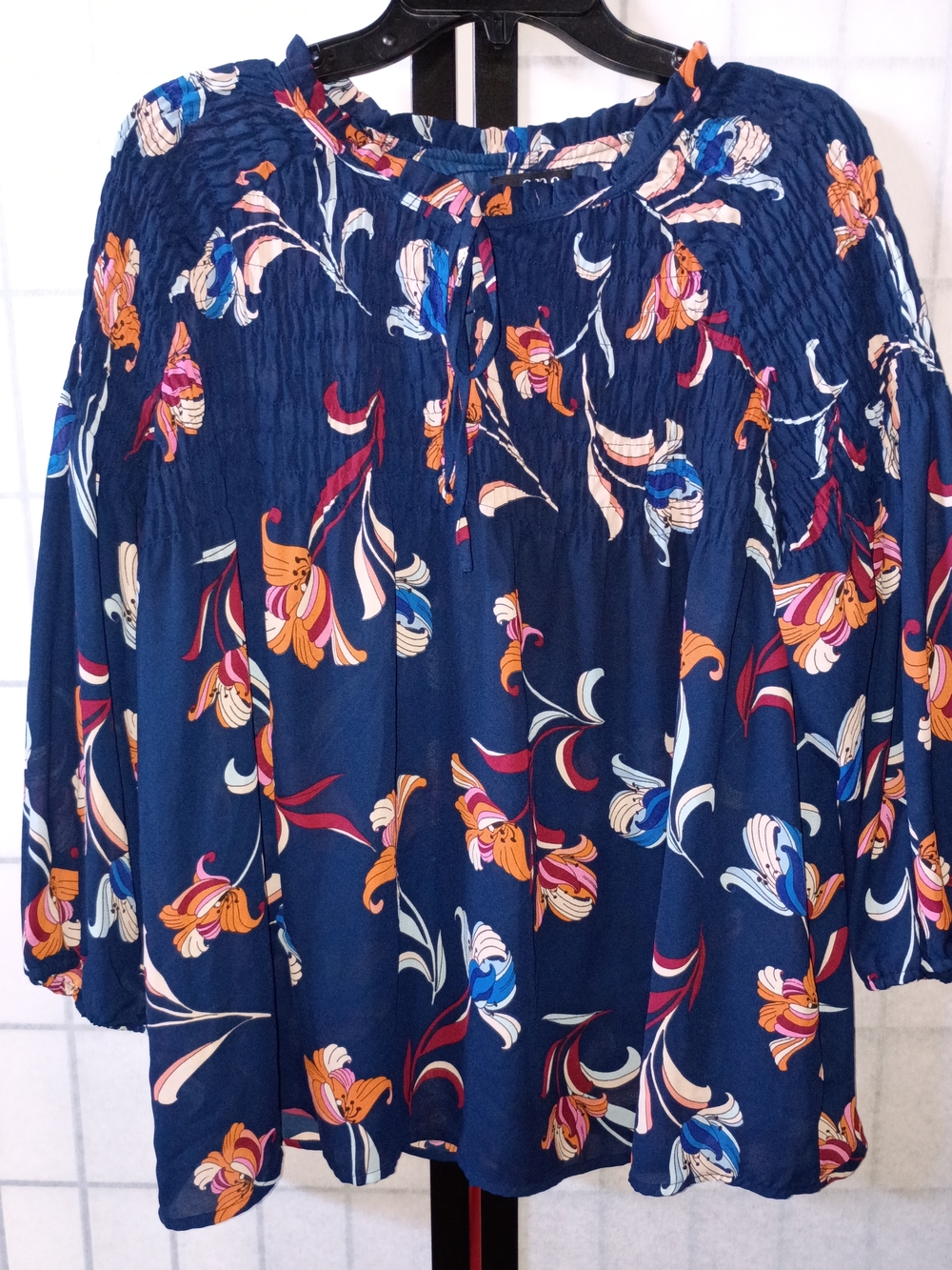 a.n.a Navy Floral Tie-Neck Smocked Top